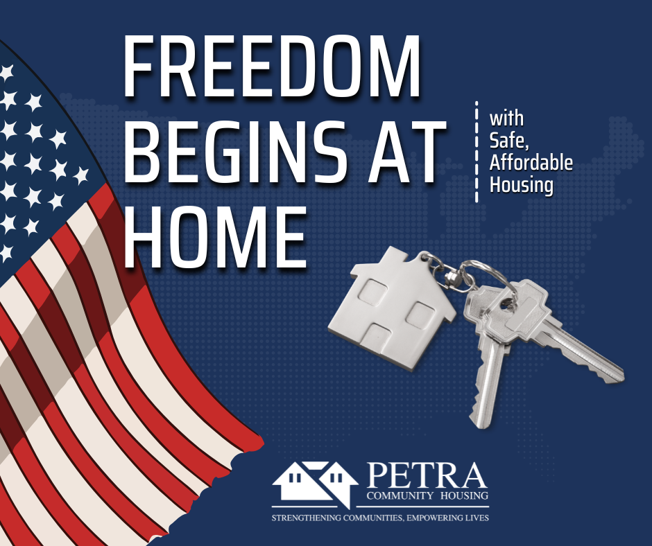 image of flag and house keys and text Freedom begins at home